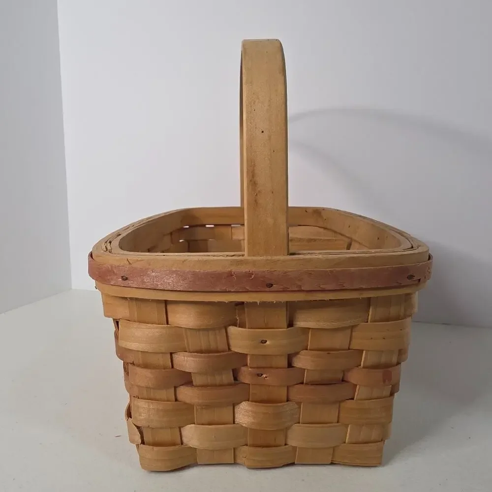 Vintage Wooden Condiment Caddy Basket Divided Sections Wide Handle
